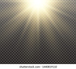 Yellow glowing light burst explosion on transparent background. Vector illustration light effect decoration with ray. Bright star. Translucent shine sun, bright flare. Center vibrant flash