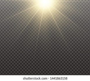Yellow glowing light burst explosion on transparent background. Vector illustration light effect decoration with ray. Bright star. Translucent shine sun, bright flare. Center vibrant flash