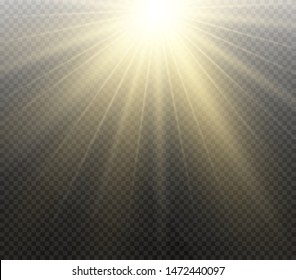 Yellow glowing light burst explosion on transparent background. Vector illustration light effect decoration with ray. Bright star. Translucent shine sun, bright flare. Center vibrant flash
