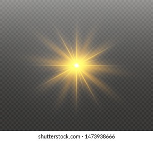 Yellow glowing light burst explosion on transparent background. Vector illustration light effect decoration with ray. Bright star. Translucent shine sun, bright flare. Center vibrant flash