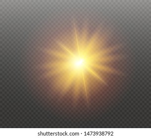 Yellow glowing light burst explosion on transparent background. Vector illustration light effect decoration with ray. Bright star. Translucent shine sun, bright flare. Center vibrant flash