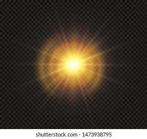 Yellow glowing light burst explosion on transparent background. Vector illustration light effect decoration with ray. Bright star. Translucent shine sun, bright flare. Center vibrant flash