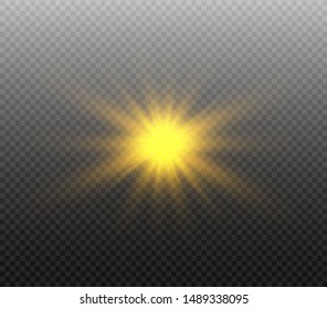 Yellow glowing light burst explosion on transparent background. Vector illustration light effect decoration with ray. Bright star. Translucent shine sun, bright flare. Center vibrant flash