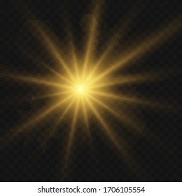 Explosión de luz amarilla brillante en fondo transparente. Decoración de efecto luminoso de ilustración vectorial con rayo. Estrella brillante. Sol translúcido, brillante. Flash vibrante central