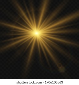 Yellow glowing light burst explosion on transparent background. Vector illustration light effect decoration with ray. Bright star. Translucent shine sun, bright flare. Center vibrant flash