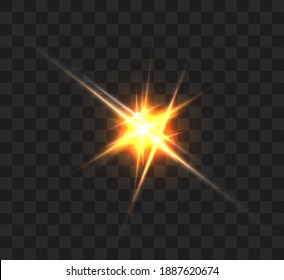 Yellow glowing light burst explosion with transparent. Vector illustration for cool effect decoration with ray sparkles. Bright star. Transparent shine gradient glitter, bright flare. Glare texture.