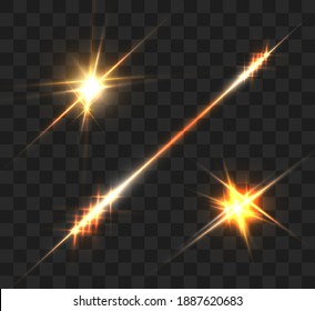 La luz amarilla resplandeciente estalló con una explosión transparente. Ilustración vectorial para la decoración de efecto fresco con destellos de rayas. Estrella brillante. Deslumbrador transparente de gradiente de brillo, brillo brillante. Textura de vidrio.