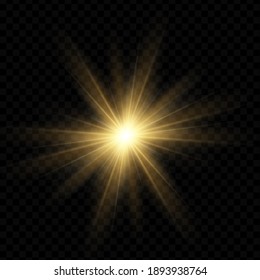 Yellow glowing light burst explosion with transparent. Vector illustration for cool effect decoration with ray sparkles. Bright star. Transparent shine gradient glitter, bright flare. Glare texture.