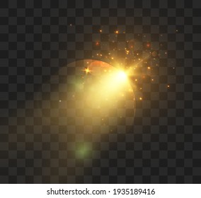 Yellow glowing light burst explosion with transparent. Vector illustration for cool effect decoration with ray sparkles. Bright star. Transparent shine gradient glitter, bright flare. Glare texture.	