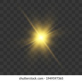 Gelbes leuchtendes Licht explodiert Explosion mit durchsichtigem Licht. Vektorgrafik zur coolen Dekoration mit Strahlfunkeln. Heller Stern. Transparenter glänzender Farbverlauf-Glitter, heller Fackel. Glatte Textur.	