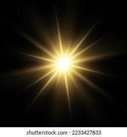 Yellow glowing light burst explosion with transparent. Vector illustration for cool effect decoration with ray sparkles. Bright star. Transparent shine gradient glitter, bright flare. Glare texture.