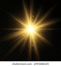 Explosión de explosión de luz brillante amarilla con transparente. Ilustración vectorial para decoración de efecto fresco con destellos de rayos. Una estrella brillante. Brillo transparente de gradiente brillante, llamarada brillante. Textura brillante.