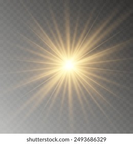 Yellow glowing light burst explosion with transparent. Vector illustration for cool effect decoration with ray sparkles. Bright star. Transparent shine gradient glitter, bright flare. Glare texture.