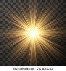 Yellow glowing light burst explosion with transparent. Vector illustration for cool effect decoration with ray sparkles. Bright star. Transparent shine gradient glitter, bright flare. Glare texture.