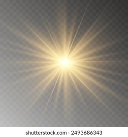 Yellow glowing light burst explosion with transparent. Vector illustration for cool effect decoration with ray sparkles. Bright star. Transparent shine gradient glitter, bright flare. Glare texture.