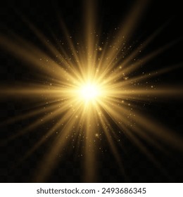 Yellow glowing light burst explosion with transparent. Vector illustration for cool effect decoration with ray sparkles. Bright star. Transparent shine gradient glitter, bright flare. Glare texture.
