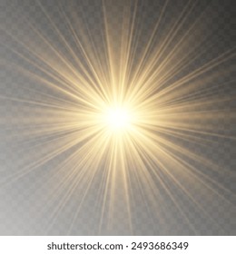 Yellow glowing light burst explosion with transparent. Vector illustration for cool effect decoration with ray sparkles. Bright star. Transparent shine gradient glitter, bright flare. Glare texture.