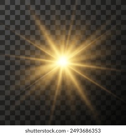 Gelb leuchtendes Licht explodiert mit durchsichtigem Licht. Vektorillustration für Cool-Effekt-Dekoration mit Ray Sparkles. Heller Stern. Transparenter Glanzgradientenglitter, heller Flare. Blendtextur.