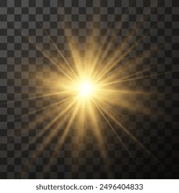 Yellow glowing light burst explosion with transparent. Vector illustration for cool effect decoration with ray sparkles. Bright star. Transparent shine gradient glitter, bright flare. Glare texture.
