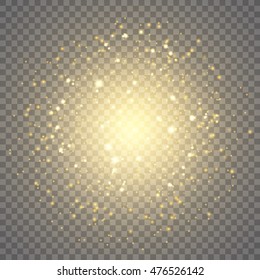 Yellow glowing light burst explosion with transparent. Vector illustration for cool effect decoration with ray sparkles. Bright star. Transparent shine gradient glitter, bright flare. Glare texture.