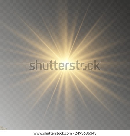 Yellow glowing light burst explosion with transparent. Vector illustration for cool effect decoration with ray sparkles. Bright star. Transparent shine gradient glitter, bright flare. Glare texture.