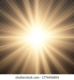 Yellow glowing light burst on a transparent background, set of glow bright stars, yellow sun rays, golden light effect, flare of sunshine with rays, star burst with brilliance, vector illustration.