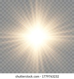 La luz amarilla resplandeciente estalla sobre un fondo transparente, un conjunto de brillantes estrellas brillantes, rayos solares amarillos, efecto de luz dorado, destello de sol con rayos, explosión estrellada con brillantez, ilustración vectorial.