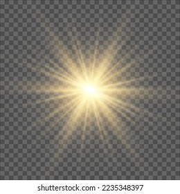 La luz amarilla resplandeciente se enciende sobre un fondo transparente, la estrella reventó con brillantez, brillante estrella brillante, rayos solares amarillos, efecto de luz dorada, resplandor de sol con rayos, ilustración vectorial, eps 10