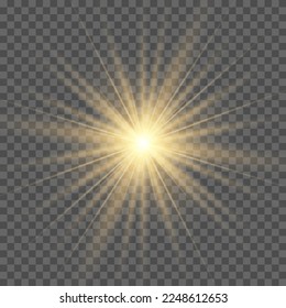 Yellow glowing light burst on a transparent background, the star burst with brilliance, glow bright star, yellow sun rays, golden light effect, flare of sunshine with rays, vector illustration, eps 10