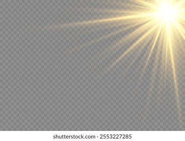 Ráfaga de luz brillante amarilla y fondo transparente. Las luces se encienden, la luz del flash de la estrella, los rayos de sol blancos, png. Sol ruborizado con raos o foco de oro y roto. Red de bengalas de lanza de oro. 