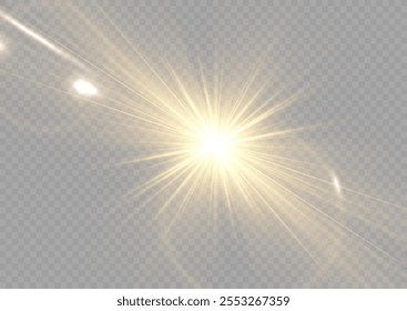 Explosão de luz brilhante amarela e fundo transparente. As luzes acendem, a luz da estrela acende, os raios de sol brancos, png. Sol flush com raos ou ouro spotlyght e boke. Gold lance flares rede. 