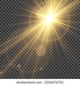 Yellow glowing light burst and transparent back ground. Lights flare, star flash light, white sun rays, png. Sun flush with raos or gold spotlyght and boke. Gold lance flares network. 