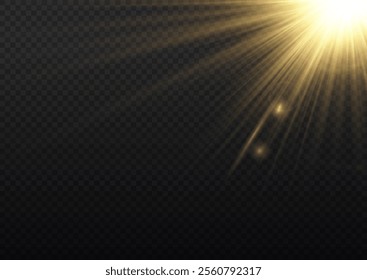 Yellow glowing light burst and transparent back ground. Lights flare, star flash light, white sun rays, png. Sun flush with raos or gold spotlyght and boke. Gold lance flares network. 