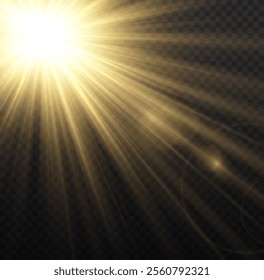 Yellow glowing light burst and transparent back ground. Lights flare, star flash light, white sun rays, png. Sun flush with raos or gold spotlyght and boke. Gold lance flares network. 