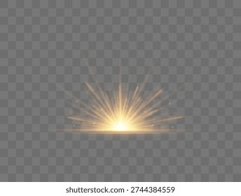 Yellow glowing light bursts with radiant energy over a transparent background. Sparkles and flare create dazzling visual impact. Vector illustration ideal for modern design projects and overlays.