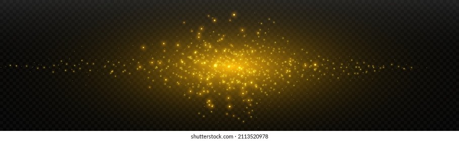 Yellow glowing light effect with lots of shiny particles isolated on dark background. Vector star cloud with dust.