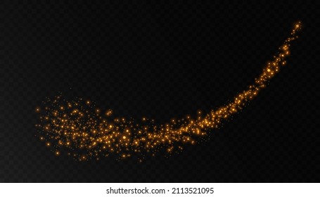 Yellow glowing light effect with lots of shiny particles isolated on dark background. Vector star cloud with dust.