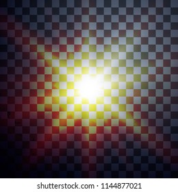 The yellow glowing light explodes with a blast with a transparent one. Vector illustration for perfect effect with sparkles. Bright Star. Transparent shine of the gloss gradient, bright flash. Texture