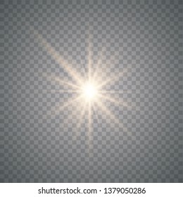 The yellow glowing light explodes with a blast with a transparent one. Vector illustration for perfect effect with sparkles. Bright Star. Transparent shine of the gloss gradient, Vector eps 10.