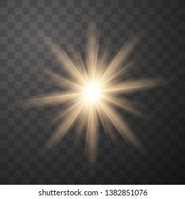 The yellow glowing light explodes with a blast with a transparent one. Vector illustration for perfect effect with sparkles. Bright Star. Transparent shine of the gloss gradient, Vector eps 10.
