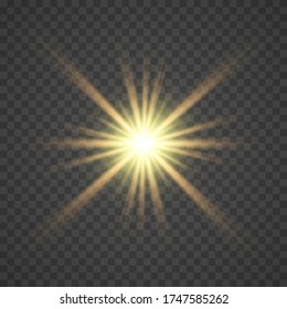 The yellow glowing light explodes with a blast with a transparent one. Vector illustration for perfect effect with sparkles