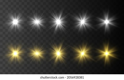 Yellow glowing light explodes. Lens flares and sparkles template for your design. Set of bright white beautiful star with sparkles.  Transparent glitter gradient gloss, bright flash. Vector.