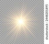 Yellow glowing light explodes on a transparent background. Sparkling magical dust particles. Bright Star. Transparent shining sun, bright flash. Vector sparkles.