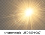 Yellow glowing light explodes on a transparent background. Sparkling magical dust particles. Bright Star. Transparent shining sun, bright flash. Vector sparkles.
