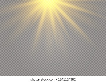 yellow glowing light explodes on a transparent background. Sparkling magical dust particles. Bright Star. Transparent shining sun, bright flash. Vector sparkles. To center a bright flash.