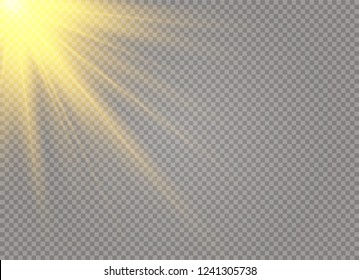 yellow glowing light explodes on a transparent background. Sparkling magical dust particles. Bright Star. Transparent shining sun, bright flash. Vector sparkles. To center a bright flash.