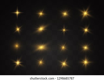 Yellow glowing light explodes on a transparent background. Sparkling magical dust particles. Bright Star. Transparent shining sun, bright flash. Vector sparkles. To center a bright flash.