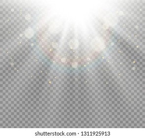 yellow glowing light explodes on a transparent background. Sparkling magical dust particles. Bright Star. Transparent shining sun, bright flash. Vector sparkles. To center a bright flash.