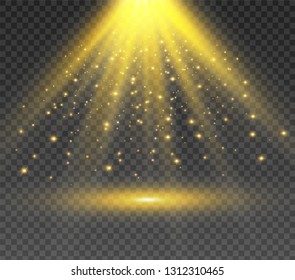 yellow glowing light explodes on a transparent background. Sparkling magical dust particles. Bright Star. Transparent shining sun, bright flash. Vector sparkles. To center a bright flash.