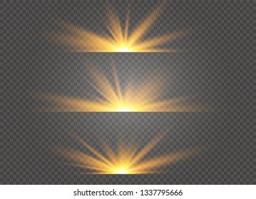 yellow glowing light explodes on a transparent background. Sparkling magical dust particles. Bright Star. Transparent shining sun, bright flash. Vector sparkles. To center a bright flash.